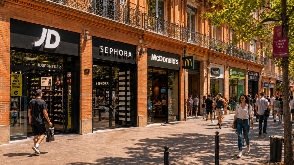 Rue commerçante à Toulouse avec enseignes de beauté, restauration rapide et sport illustrant les secteurs porteurs du commerce physique en France en 2025.