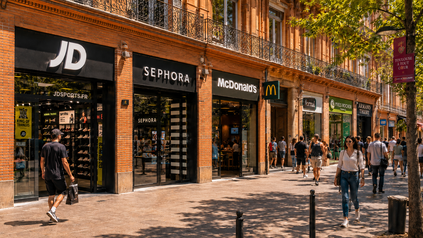 Rue commerçante à Toulouse avec enseignes de beauté, restauration rapide et sport illustrant les secteurs porteurs du commerce physique en France en 2025.