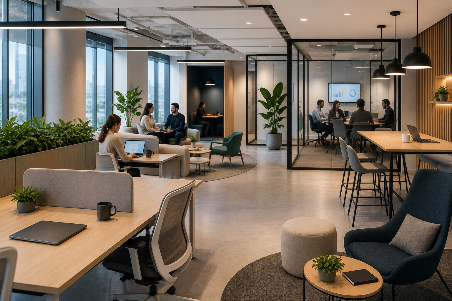Bureaux modernes aménagés en flex office avec espaces collaboratifs pour le travail hybride et l'optimisation des bureaux.