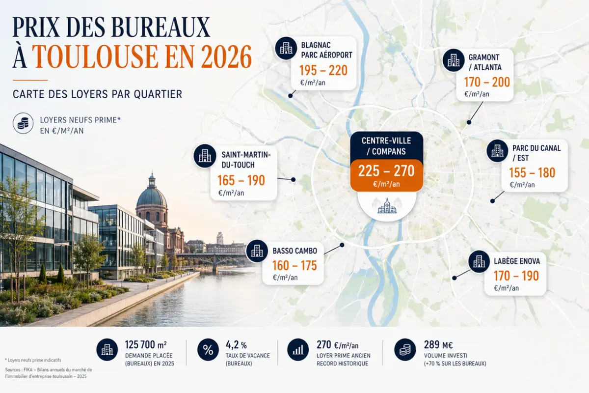 Prix bureaux toulouse 2026 loyers quartiers