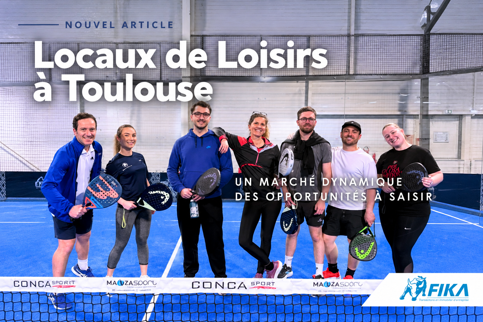 L'équipe France Transactions sur un terrain de padel couvert à Toulouse, illustrant le développement des locaux de loisirs et de sport.